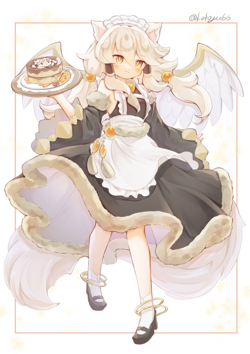 1girl, animal_ears, anklet, apron, black_dress, cake, demon_horns, detached_sleeves