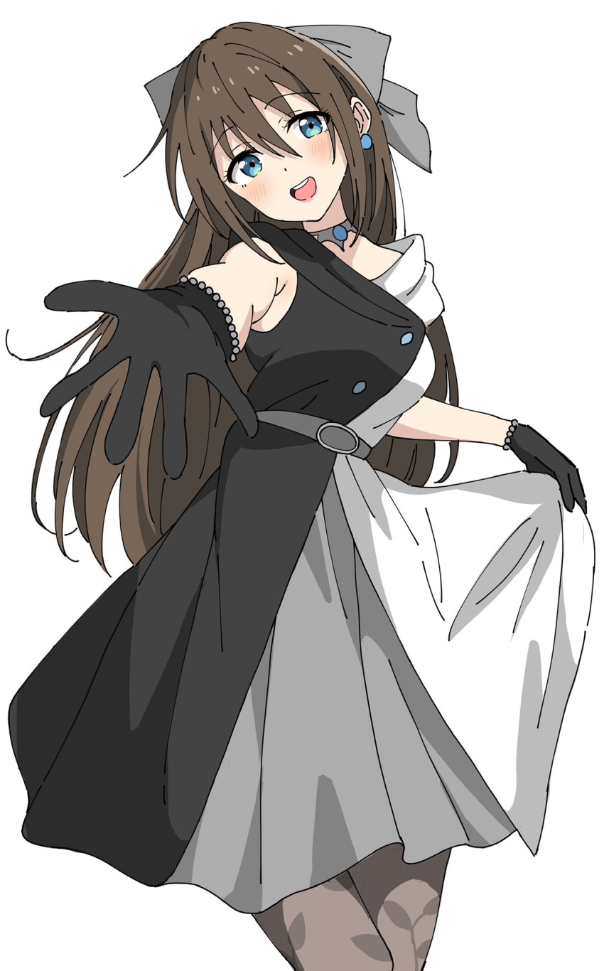 1girl, armpits, bien_(djpwjd1), black_dress, black_gloves, black_pantyhose, blue_eyes, blush