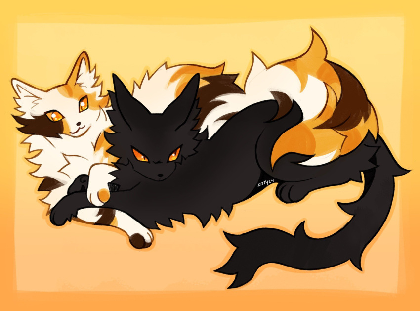 animal, animal_focus, black_cat, border, calico, cat, commentary, cuddling, highres, kitty_(fernwhisker), lying, nightcloud, no_humans, orange_background, orange_border, orange_eyes, orange_theme, simple_background, sorreltail, tail, warrior_cats