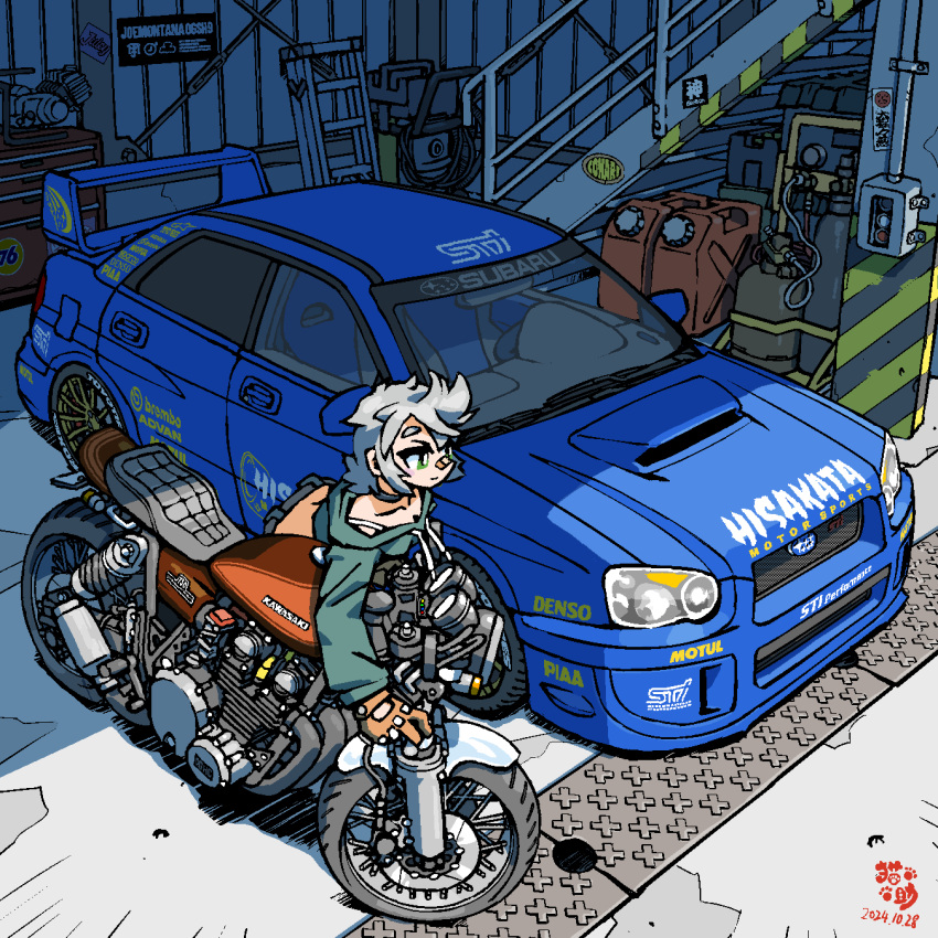 1girl, aqua_hoodie, bandaid, bandaid_on_face, bandaid_on_nose, car, choker, commission, cropped_hoodie, dated, drawstring, garage, gas_can, green_eyes, grey_hair, highres, hood, hoodie, motor_vehicle, motorcycle, necosuke, original, scenery, spoiler_(automobile), sports_car, subaru_(brand), subaru_impreza, tactile_paving, vehicle_focus, vgen_commission