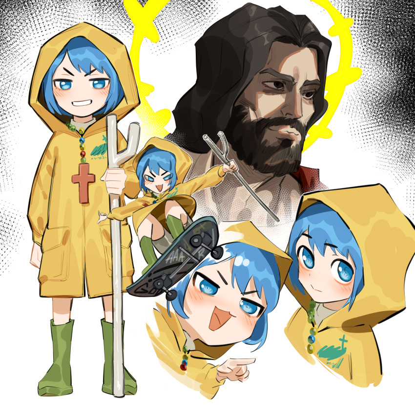 1boy, 1girl, :3, absurdres, bead_necklace, beads, blue_hair, boots