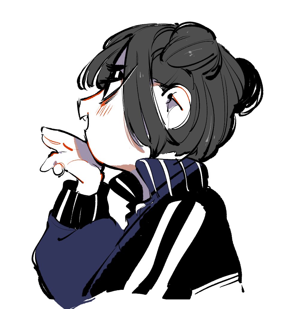 1girl, black_eyes, black_hair, china_(nanimonothing), double_bun, fang, hair_bun, jacket