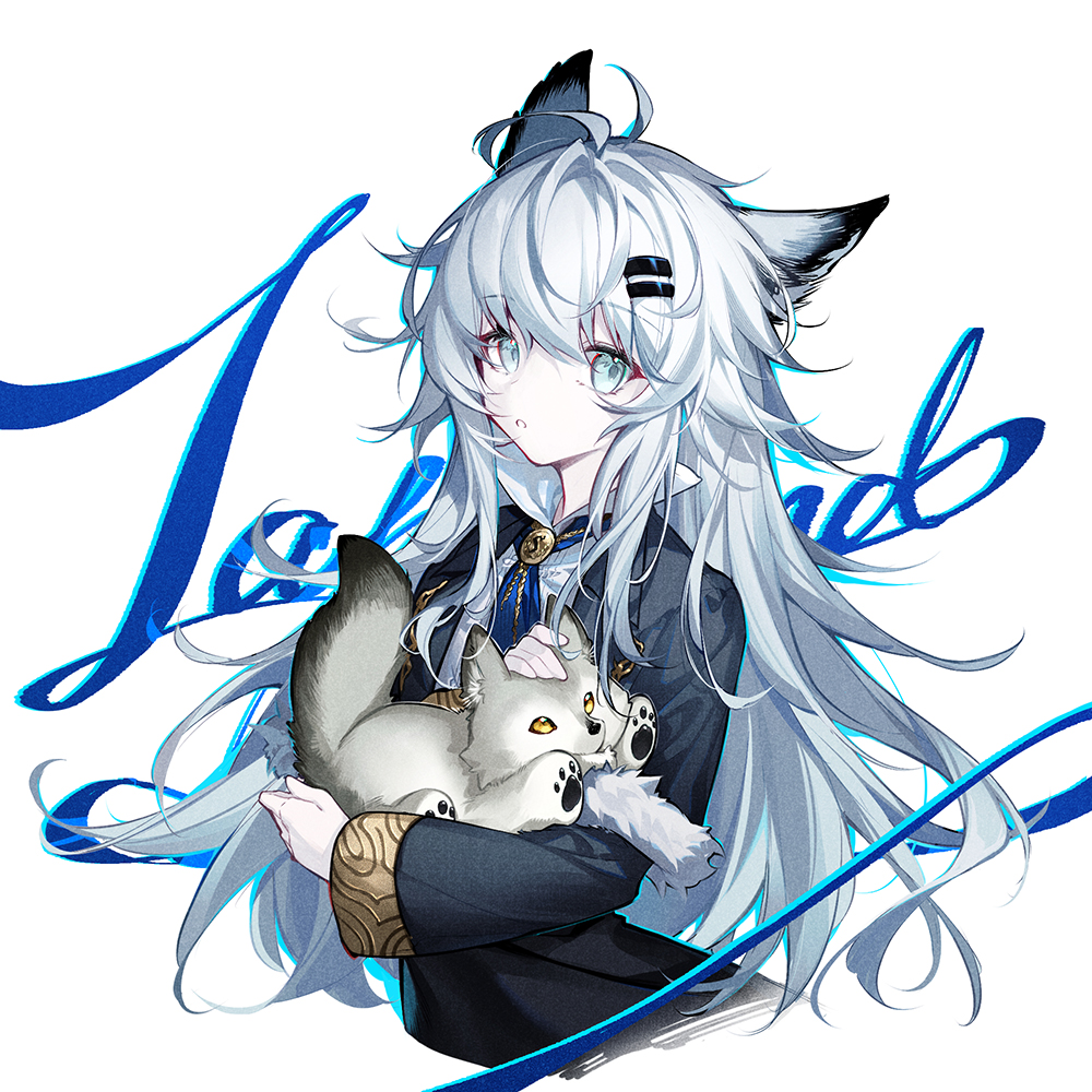 1girl, :o, animal, animal_ears, aqua_eyes, arknights, black_coat, chinese_commentary, coat, commentary_request, cropped_torso, fy_fei_xiao_ya, hair_between_eyes, hair_ornament, hairclip, holding, holding_animal, lappland_(arknights), long_hair, long_sleeves, looking_at_viewer, parted_lips, petting, shirt, sidelocks, solo, white_background, white_hair, white_shirt, wolf_ears, wolf_girl