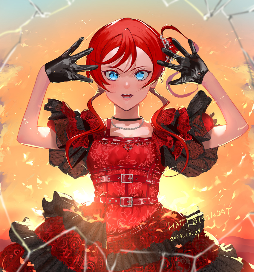 1girl, akane_gokoro, arms_up, birthday, black_gloves, blue_eyes, blush, commentary_request