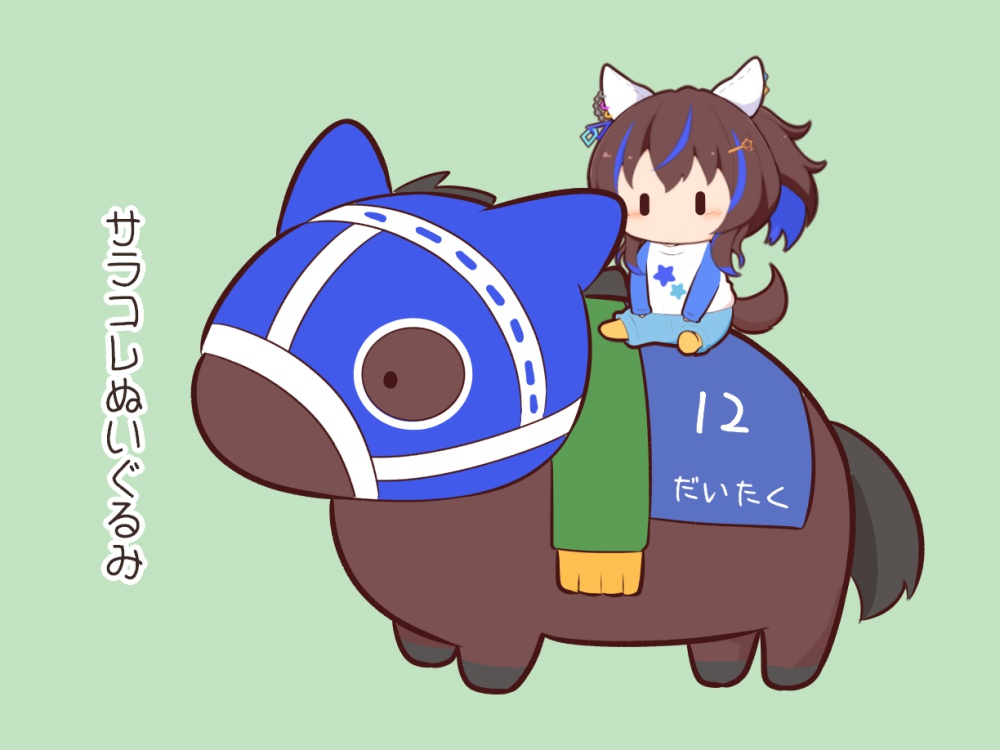 1girl, animal_ears, blue_hair, blue_shorts, blush_stickers, brown_hair, chibi, commentary_request