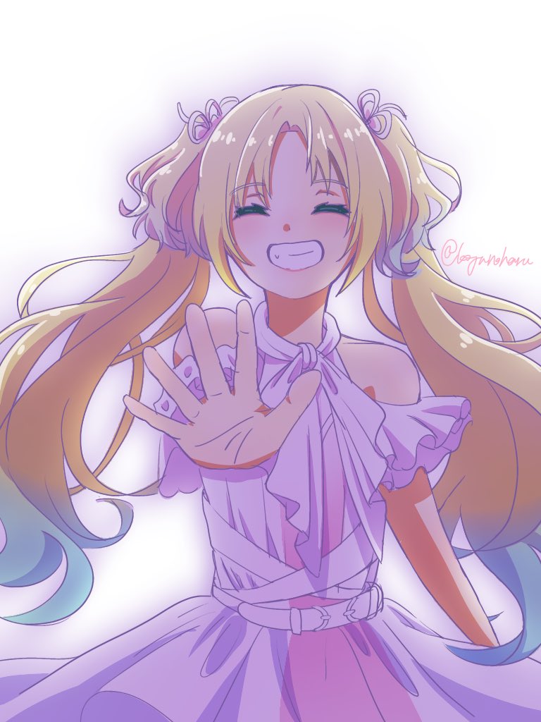 1girl, :d, ^_^, blonde_hair, blue_hair, closed_eyes, clothing_cutout, commentary_request, dress, facing_viewer, gradient_clothes, gradient_dress, gradient_hair, grin, hair_ribbon, kigucha, light_blue_hair, link!_like!_love_live!, link_to_the_future_(love_live!), long_hair, love_live!, multicolored_hair, official_alternate_costume, open_hand, osawa_rurino, outer_glow, parted_bangs, pink_dress, ribbon, shoulder_cutout, smile, solo, twintails, twitter_username, two-tone_dress, upper_body, virtual_youtuber, white_background, white_dress, white_ribbon