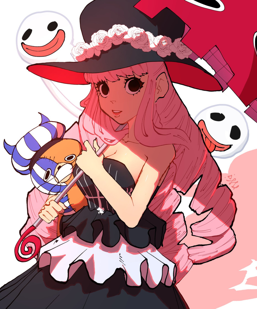 1girl, black_dress, blunt_bangs, commentary, cowboy_shot, dress, drill_hair, flower