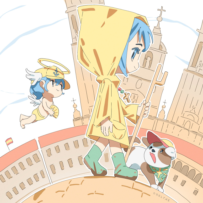 1boy, 1girl, absurdres, anchor_symbol, angel, angel_wings, animal_ears, bandana