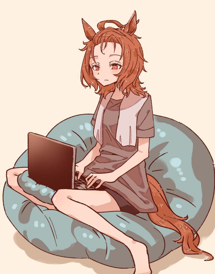 1girl, absurdres, after_bathing, agnes_tachyon_(umamusume), animal_ears, bangs_pinned_back, beanie, black_shorts