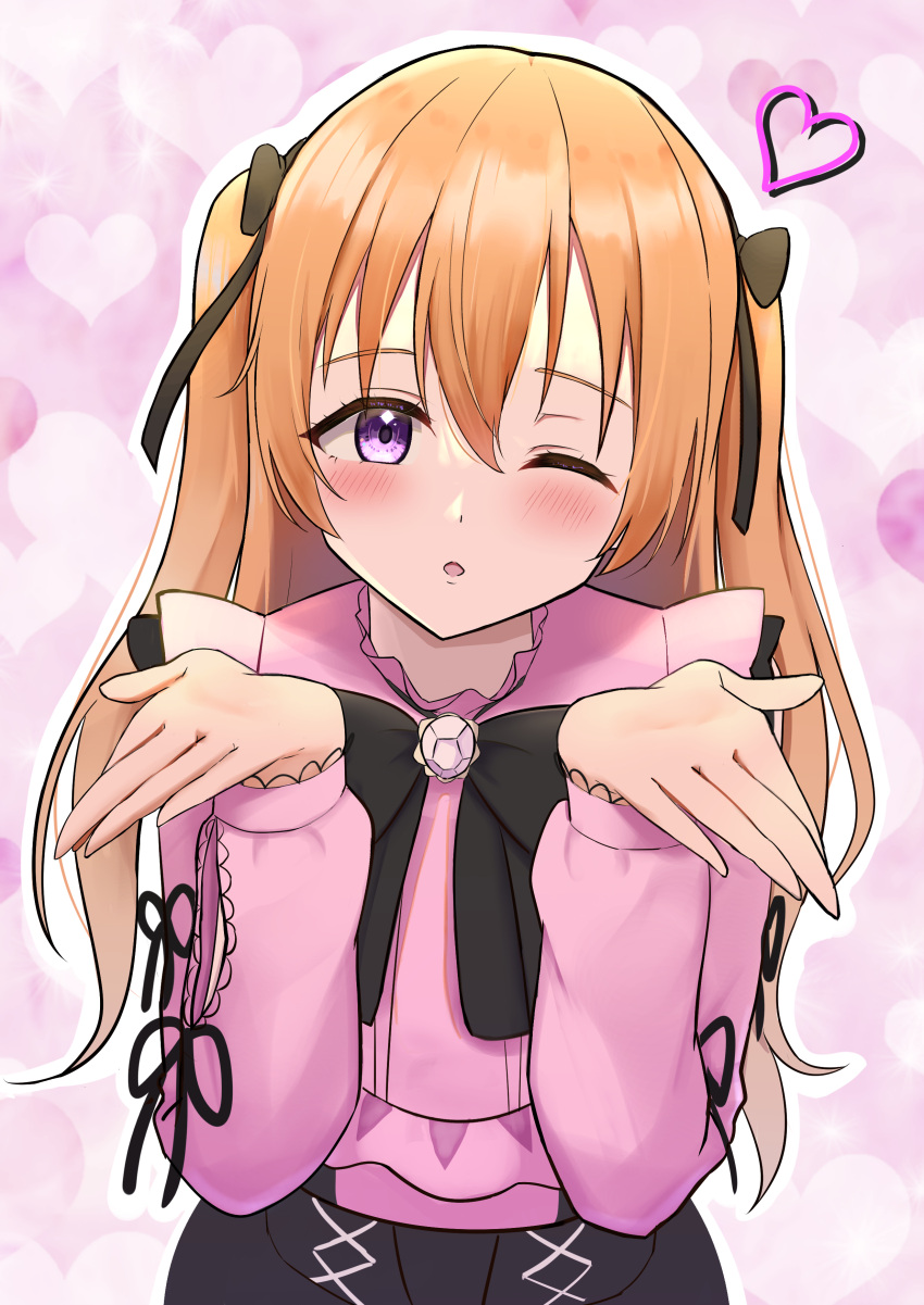 1girl, ;o, absurdres, black_bow, black_bowtie, black_ribbon, black_skirt, blowing_kiss
