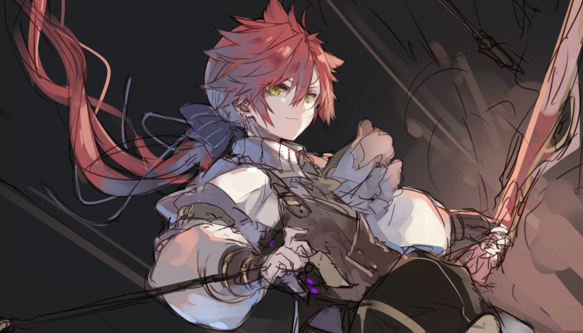 1boy, arrow_(projectile), ascot, blue_ribbon, bow_(weapon), brown_background, charles_perrault_(grimms_notes), ear_piercing, grimms_notes, hair_ribbon, holding, holding_arrow, holding_bow_(weapon), holding_weapon, hosato_mikine, long_hair, male_focus, piercing, ponytail, puffy_pants, puffy_sleeves, redhead, ribbon, sketch, smile, solo, weapon, yellow_eyes