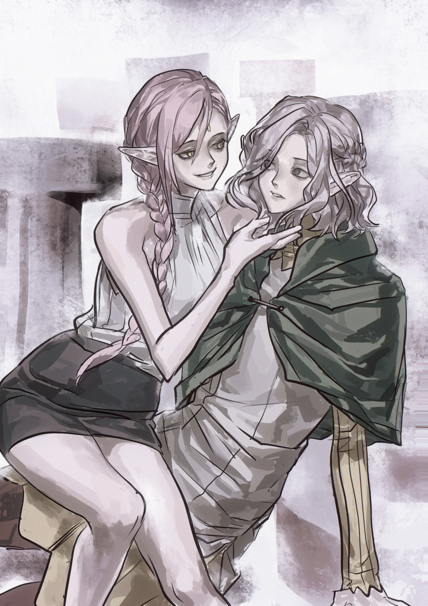 1boy, 1girl, absurdres, braid, braided_ponytail, braided_ponytail_elf_(dungeon_meshi), cloak, dungeon_meshi