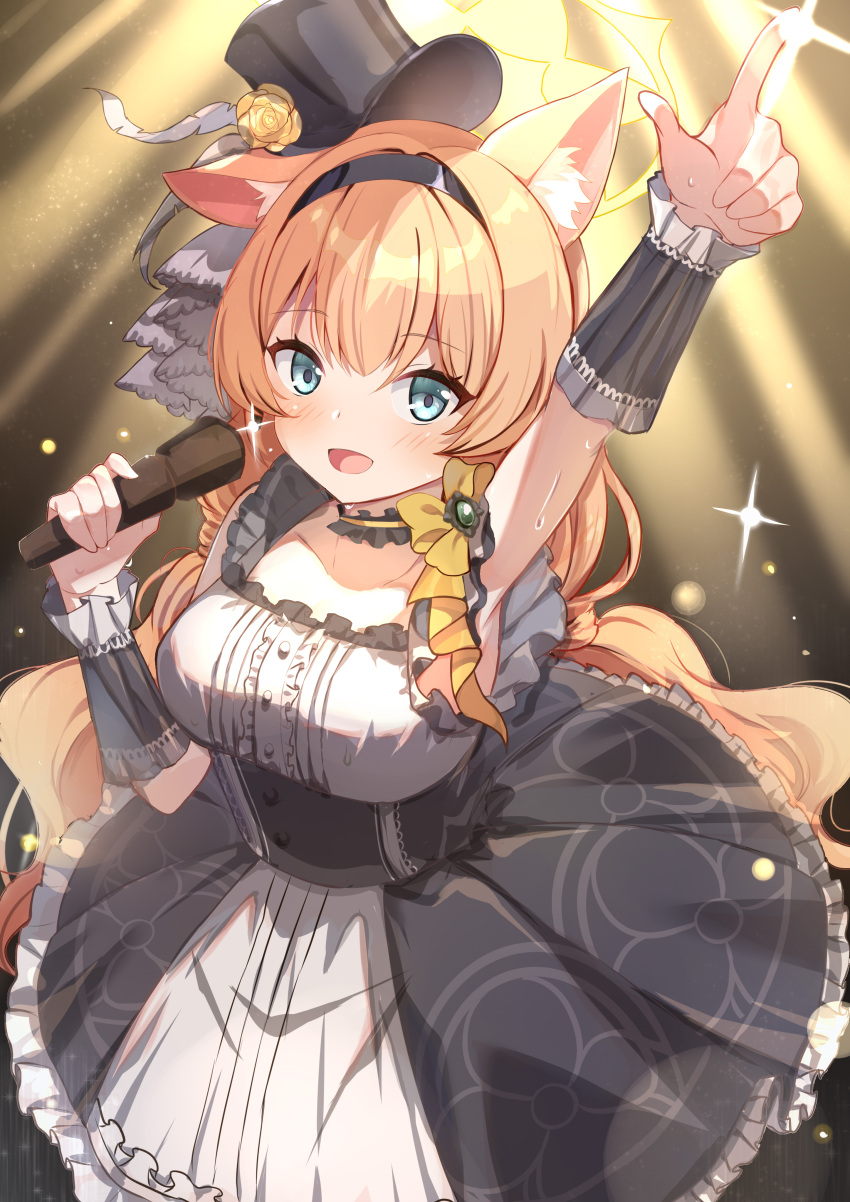 1girl, :d, absurdres, animal_ear_fluff, animal_ears, arm_up, armpit_peek, black_dress