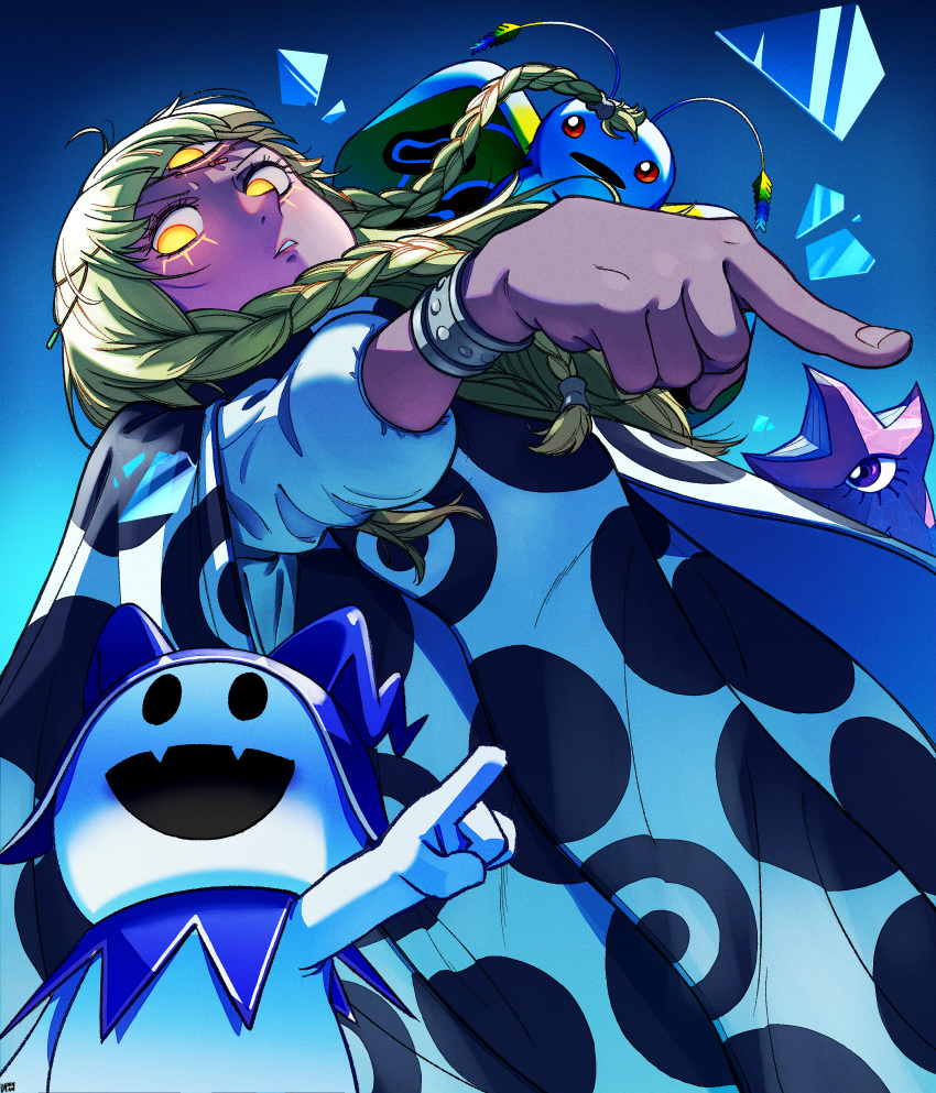 1girl, absurdres, arched_bangs, atlus, blonde_hair, blue_background, blunt_bangs, braid, collared_cloak, dapenpan, dark-skinned_female, dark_skin, decarabia_(megami_tensei), demon, dress, english_commentary, eupha_(metaphor:_refantazio), eyelashes, facial_mark, fantasy, from_below, glass_shards, glowing, glowing_eyes, gradient_background, highres, jack_frost_(megami_tensei), jewelry, long_hair, long_sleeves, looking_at_viewer, metaphor:_refantazio, mothman_(megami_tensei), patterned_clothing, pointing, pointing_down, polka_dot, polka_dot_dress, shin_megami_tensei, simple_background, third_eye, twin_braids, upper_body