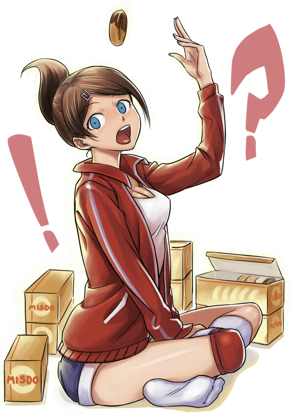 aerodog, asahina_aoi_(dangan-ronpa), blue_eyes, box, breasts, brown_hair, cleavage, dangan-ronpa, dangan_ronpa, dark_skin, denim, denim_shorts, doughnut, flipped, footwear, hair_ornament, hairclip, indian_style, inu_(aerodog), knee_pads, open_mouth, shorts, sitting, socks, surprised, tongue, toss, track_suit