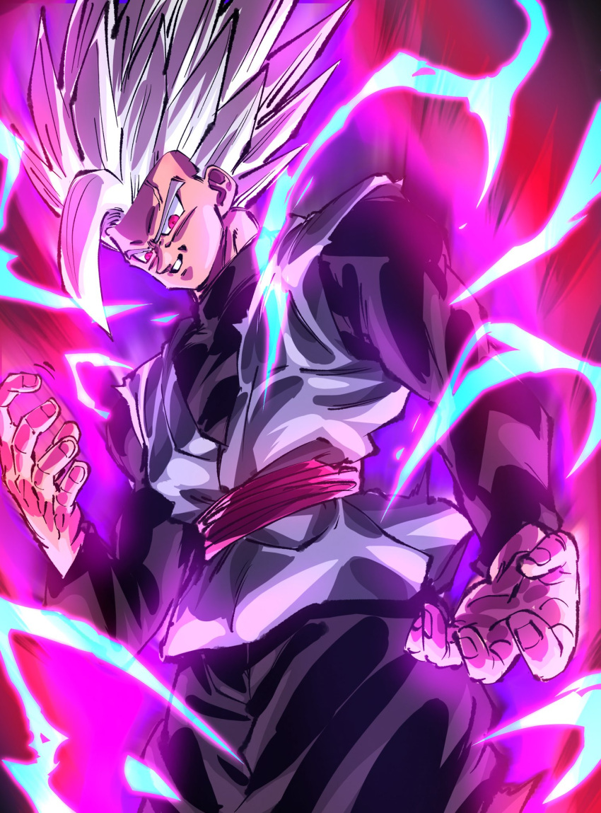 1boy, alternate_universe, aura, black_pants, black_shirt, cowboy_shot, dragon_ball, dragon_ball:_sparking!, dragon_ball_super, dragon_ball_super_super_hero, electricity, gohan_black, goku_black, grey_tunic, highres, long_hair, looking_at_viewer, male_focus, pants, red_eyes, red_sash, rz28kp, sash, shirt, solo, son_gohan, spiky_hair, tunic, white_hair