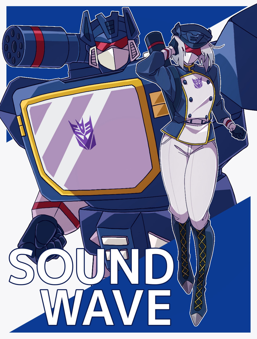 1boy, 1girl, 580aoi, absurdres, assault_visor, decepticon, genderswap, genderswap_(mtf), hat, highres, humanization, looking_at_viewer, mecha, red_eyes, robot, science_fiction, soundwave_(transformers), transformers, transformers:_generation_1, weapon