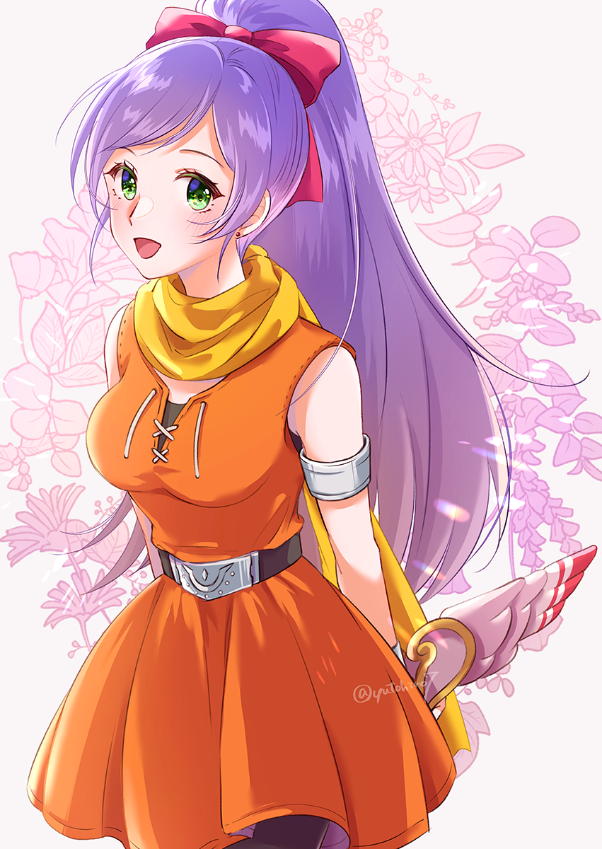 1girl, :d, arms_behind_back, belt, blue_eyes, bow, breasts, commentary_request, cowboy_shot, dragon_quest, dragon_quest_x, earrings, flower, green_eyes, hair_bow, highres, holding, holding_behind_back, jewelry, medium_breasts, mereade, multicolored_eyes, open_mouth, orange_tunic, ponytail, purple_hair, red_bow, scarf, silver_armlet, smile, solo, stud_earrings, tunic, twitter_username, white_background, yellow_scarf, yutohiroya