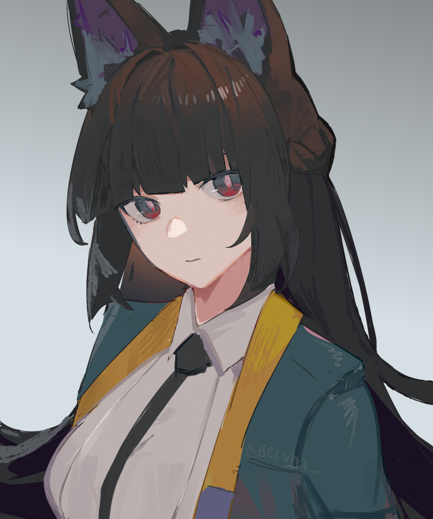 1girl, absurdres, animal_ear_fluff, animal_ears, artist_name, black_hair, black_necktie, blunt_bangs