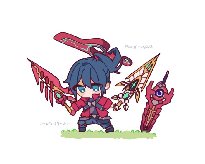 1boy, aegis_sword_(xenoblade), blush, chibi, grass, monado, mugimugis, noah_(xenoblade)