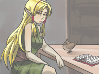 bird, blonde_hair, book, breasts, elf, embric_of_wulfhammer's_castle, embric_of_wulfhammer's_castle, falwythwier_windgrace