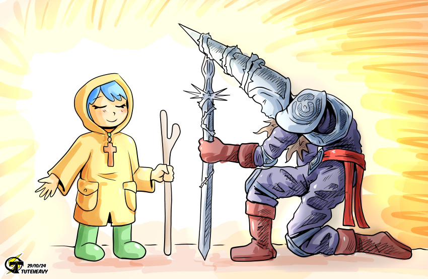 1girl, absurdres, armor, artist_name, blasphemous, blue_hair, boots, brown_footwear