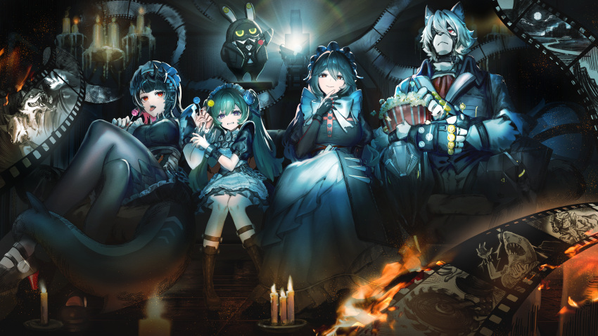 1boy, 3girls, absurdres, alexandrina_sebastiane, animal_ears, animal_nose, bangboo_(zenless_zone_zero), black_hair, body_fur, boots, brown_eyes, butler_(zenless_zone_zero), candle, candlelight, candy, closed_mouth, commentary_request, corin_wickes, crossed_legs, dress, ellen_joe, fingerless_gloves, fingernails, fins, fish_tail, food, furry, furry_male, gawako, gloves, green_hair, grey_hair, highres, holding, holding_candy, holding_food, holding_hands, holding_lollipop, knees_together_feet_apart, lollipop, long_hair, long_tail, looking_up, maid, maid_headdress, mechanical_legs, multicolored_hair, multiple_girls, muzzle_(mask), open_mouth, partially_fingerless_gloves, popcorn, red_eyes, redhead, scared, shark_tail, shirt, short_sleeves, side-by-side, sitting, smile, snout, straight-on, tail, tearing_up, tongue, tongue_out, two-tone_hair, vest, violet_eyes, von_lycaon, watching, white_fur, white_hair, wolf_boy, wolf_ears, wolf_tail, zenless_zone_zero