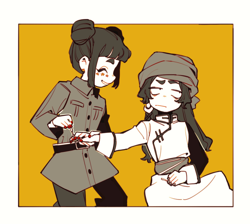 2girls, china, china_(nanimonothing), deel, double_bun, earrings, hair_bun, headscarf