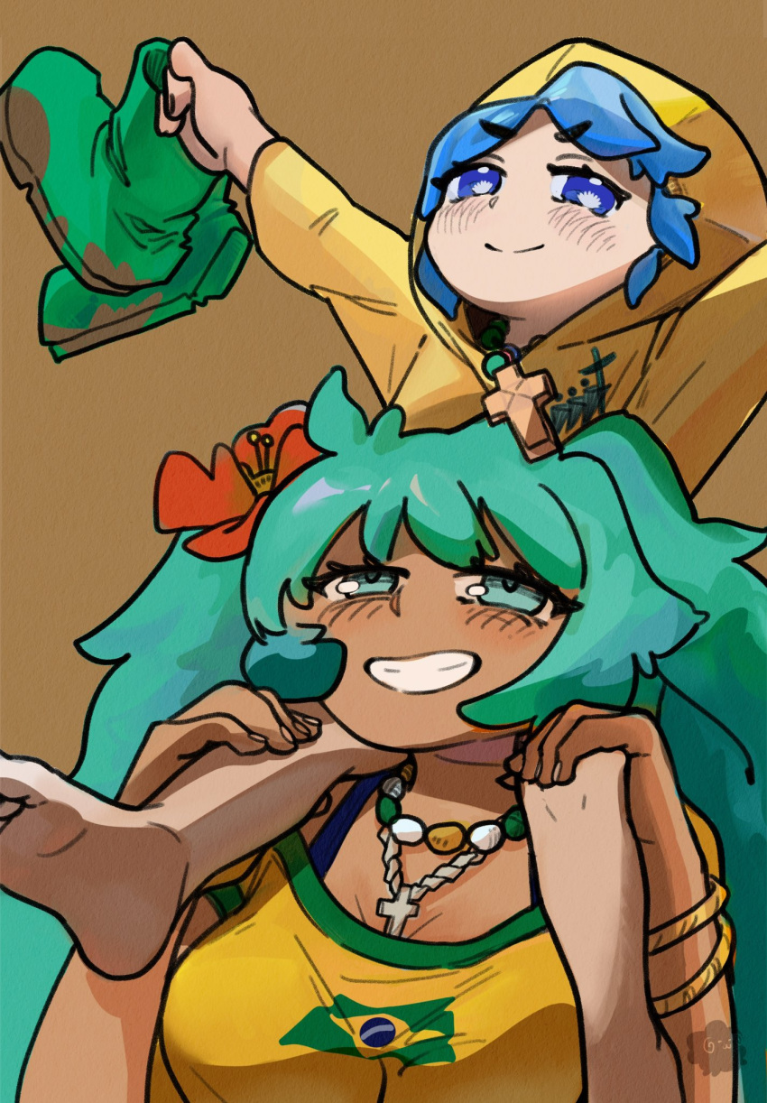 2girls, barefoot, blue_eyes, blue_hair, blush, boots, bracelet, brazilian_flag_print