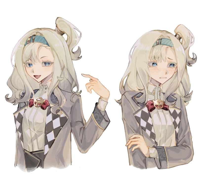 :d, absurdres, blazer, blue_eyes, blue_hairband, bow, bowtie, clenched_teeth, cropped_torso, furrowed_brow, grey_hair, grey_jacket, hairband, hand_on_own_arm, hand_up, highres, jacket, juyun_(sangyufeiwan697), long_sleeves, looking_at_viewer, matilda_bouanich, medium_hair, multiple_views, one_side_up, open_clothes, open_jacket, open_mouth, red_bow, red_bowtie, reverse:1999, shirt, smile, teeth, traditional_bowtie, upper_body, white_background, white_shirt