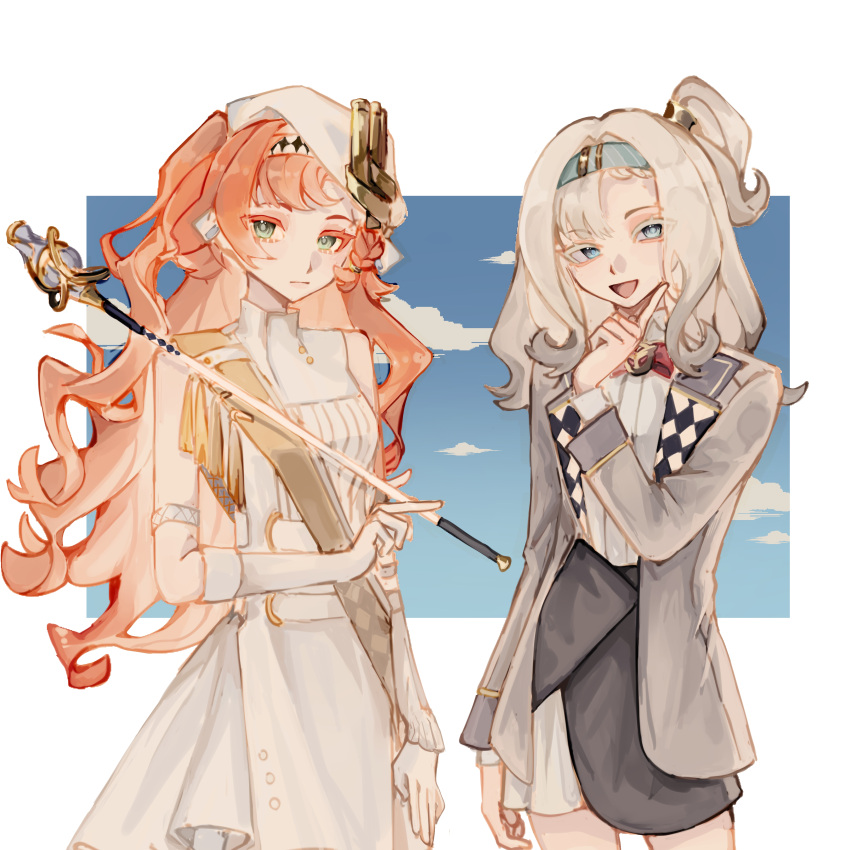 2girls, :d, absurdres, bare_shoulders, beret, blazer, blue_eyes, blue_hairband, blue_sky, bow, bowtie, checkered_hairband, clouds, cowboy_shot, dress, finger_to_cheek, gloves, green_eyes, grey_hair, grey_jacket, grey_skirt, hairband, hand_up, hat, highres, holding_baton, index_finger_raised, jacket, juyun_(sangyufeiwan697), long_hair, long_sleeves, looking_at_viewer, marching_band_baton, matilda_bouanich, medium_hair, miniskirt, multiple_girls, one_side_up, open_clothes, open_jacket, open_mouth, orange_hair, red_bow, red_bowtie, reverse:1999, shirt, skirt, sky, sleeveless, sleeveless_dress, smile, sonetto_(parade_anthem)_(reverse:1999), sonetto_(reverse:1999), traditional_bowtie, white_background, white_dress, white_gloves, white_hat, white_shirt