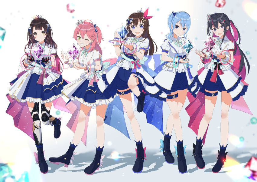 0th_generation_(hololive), 5girls, absurdres, ahoge, ankle_boots, azki_(4th_costume)_(hololive), azki_(hololive), blue_eyes