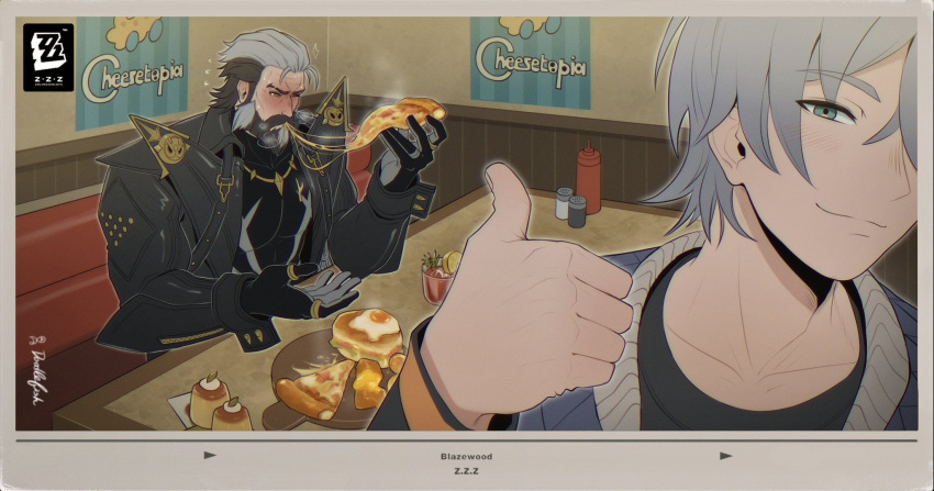 2boys, beard, black_gloves, black_hair, black_jacket, black_shirt, blue_jacket, blush