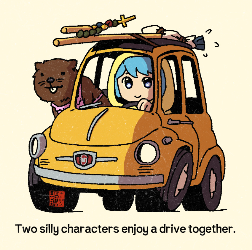 1girl, apron, beaver, blue_eyes, blue_hair, cane, car, cross