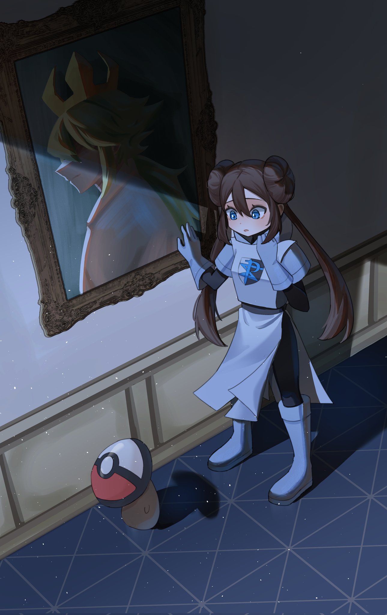 1girl, 1other, belt, black_pants, blue_eyes, boots, brown_hair, crown, double_bun, foongus, gloves, grey_footwear, grey_gloves, hair_between_eyes, hair_bun, highres, n_(pokemon), painting_(object), pants, picture_frame, pokemon, pokemon_(creature), pokemon_adventures, pokemon_bw2, rosa_(pokemon), team_plasma_logo, team_plasma_uniform, twintails, vest, wildou_p