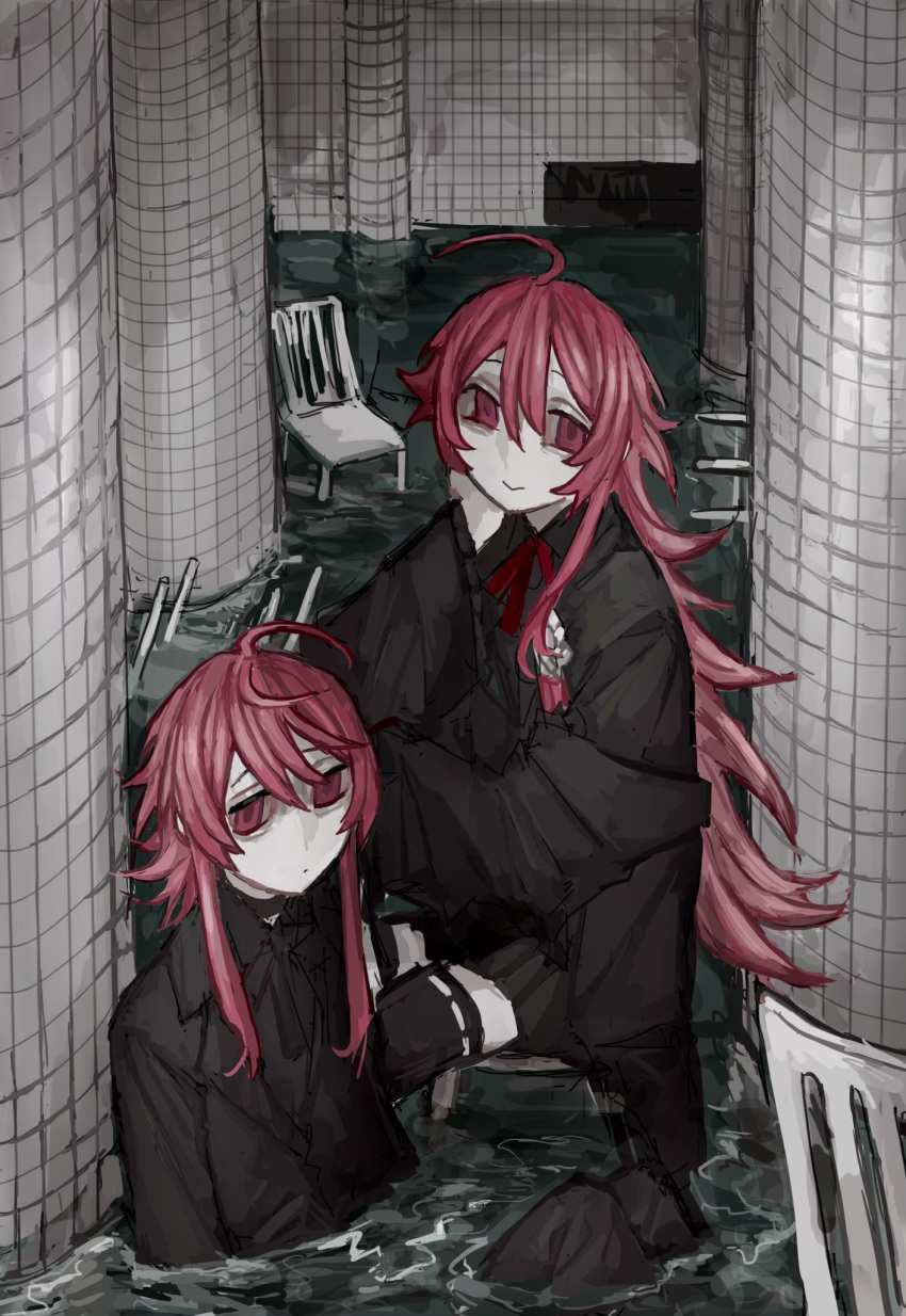 2girls, brown_jacket, brown_pants, brown_thighhighs, chair, colored_skin, expressionless, hand_on_own_cheek