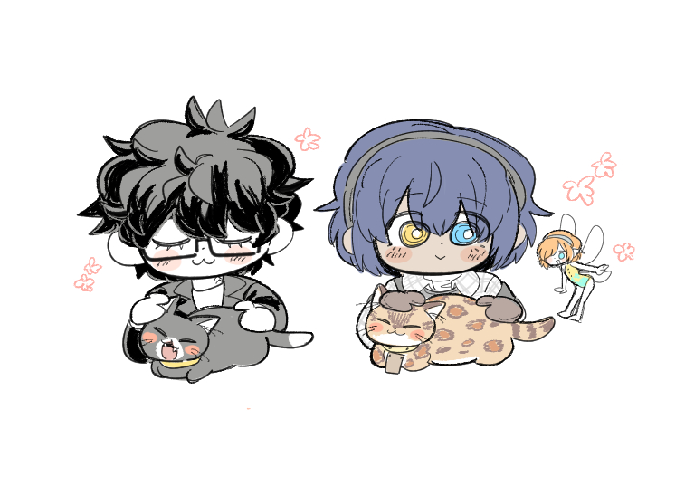 1girl, 2boys, :3, amamiya_ren, animal, animal_collar, atlus, bare_legs, barefoot, black-framed_eyewear, black_gloves, black_hair, black_jacket, blue_eyes, blue_hair, blush, cat, closed_eyes, coat, collar, collared_coat, company_connection, cropped_torso, crossover, dark_blue_hair, dress, eyes_visible_through_hair, fairy, fairy_wings, fangs, gallica_(metaphor:_refantazio), gloves, hair_between_eyes, hair_over_one_eye, hairband, hand_on_another's_head, heterochromia, jacket, jewelry, lapels, long_sleeves, lower_eyelashes_only, male_focus, metaphor:_refantazio, morgana_(persona_5), multicolored_cat, multiple_boys, necklace, open_mouth, orange_hair, outstretched_arms, patterned_clothing, persona, persona_5, petting, plato_(metaphor:_refantazio), protagonist_(metaphor:_refantazio), rectangular_eyewear, shirt, short_hair, side-by-side, simple_background, sleeveless, sleeveless_dress, spots, umainaotofu, whiskers, white_background, white_coat, white_gloves, white_shirt, wings, yellow_collar