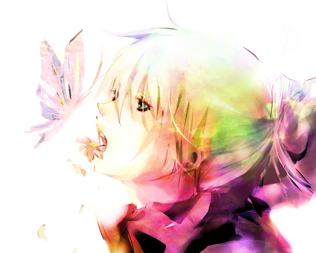face, flower, flower_in_mouth, kaine_(nier), nier, open_mouth, shio_(babbi13)