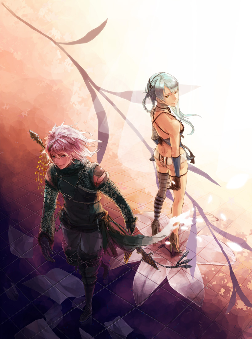 asymmetrical_clothing, back, bad_id, bare_back, bare_shoulders, braid, floor, flower, hassaku_(kuramatengu), high_heels, kaine_(nier), male, nier, nier_(character), nier_(young), shoes, shorts, standing, walking, white_hair, yellow_eyes