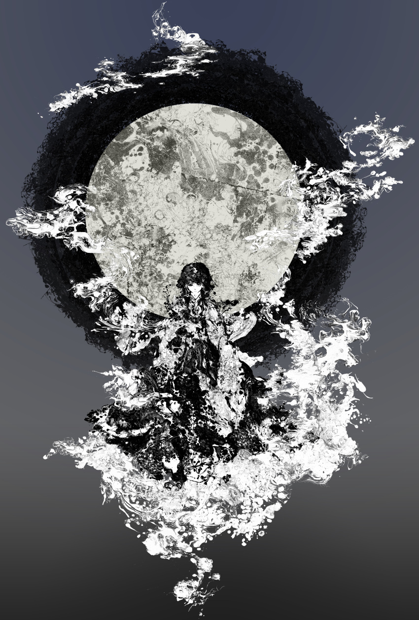 abstract, absurdres, highres, houraisan_kaguya, inuyasis, monochrome, moon, solo, surreal, touhou