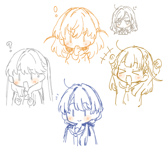 !, >_<, +++, 5girls, :d, ?, arms_up, bluesky021