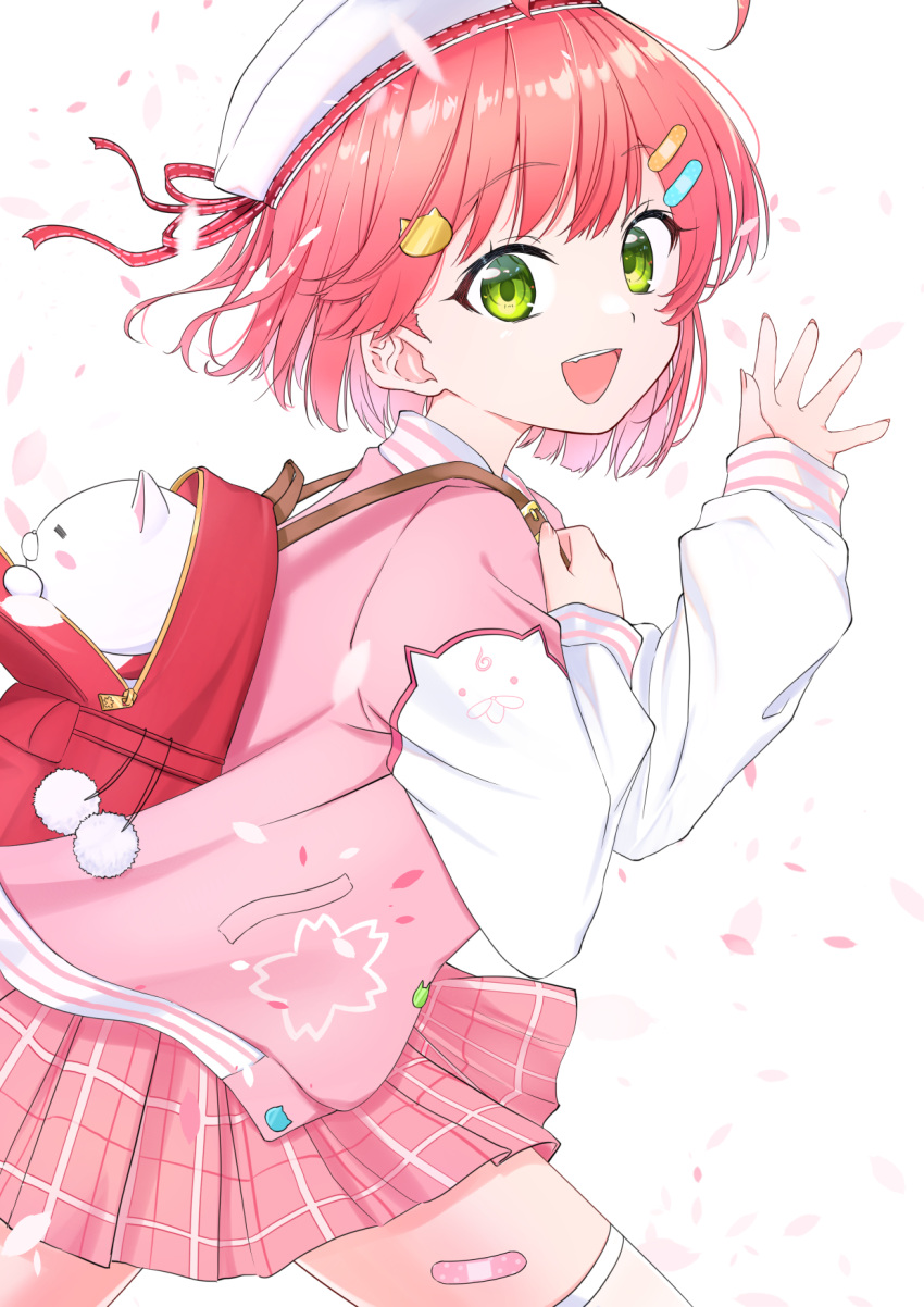 1girl, 35p_(sakura_miko), ahoge, backpack, bag, bandaid, bandaid_hair_ornament, bandaid_on_thigh