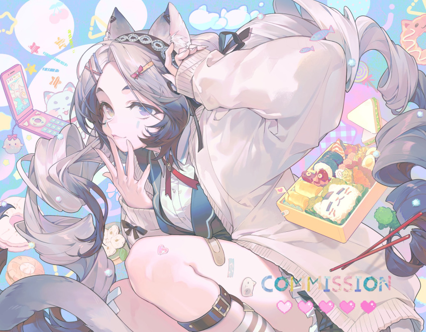 1girl, animal_ear_fluff, animal_ear_piercing, animal_ears, bandages, bandaid, bandaid_on_leg, belt_buckle, black_hairband, blue_background, bow, breasts, buckle, buttons, cat_ears, cat_face_sticker, cat_tail, collared_shirt, commission, copyright_request, finger_to_mouth, gradient_hair, grey_hair, hair_bow, hair_ornament, hairband, hairpin, headband, heart_stickers, heterochromia, highres, jacket, leg_belt, long_hair, looking_at_viewer, mark_under_both_eyes, multicolored_hair, naku_(naku999ziye), shirt, sleeves_past_wrists, socks, solo, sticker, striped_clothes, striped_socks, tail, twintails, vest, violet_eyes, white_shirt, x_hair_ornament, yellow_eyes