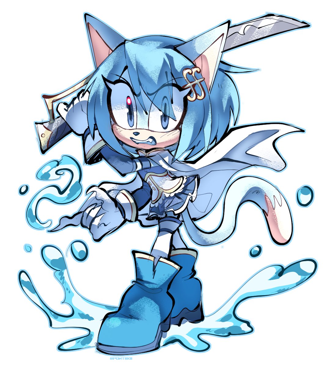1girl, angry, animal_ears, blue_eyes, blue_footwear, blue_fur, blue_hair, blue_theme