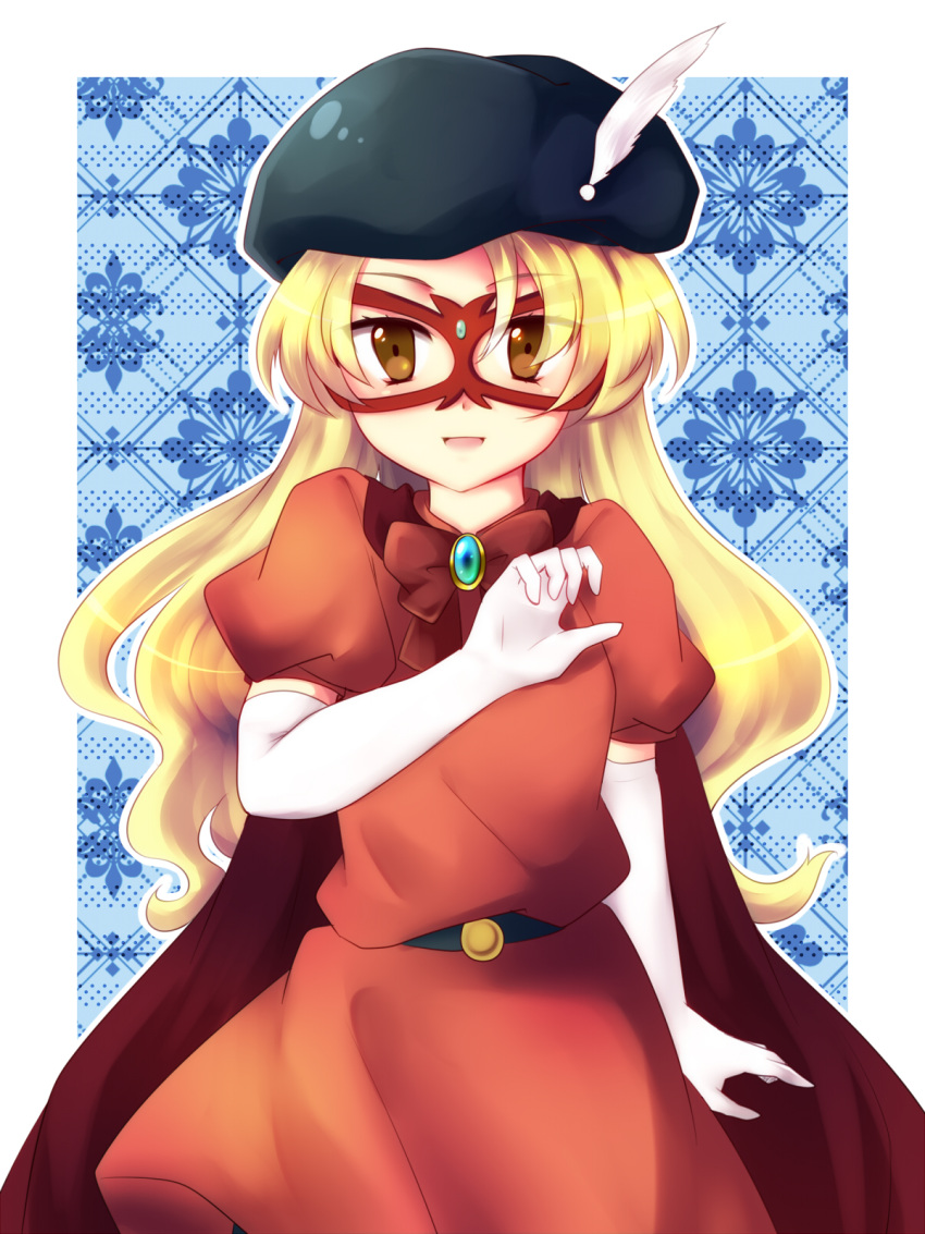 1girl, bow, brown_eyes, cape, dress, elbow_gloves, feathers, gloves