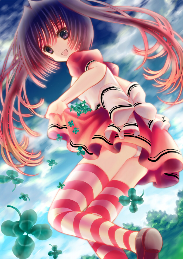 ass, bad_id, blue_sky, cloud, clouds, clover, gradient_hair, hassaku_(misukoso), long_hair, multicolored_hair, open_mouth, original, panties, pink_hair, purple_eyes, purple_hair, short_hair, skirt, skirt_lift, sky, smile, solo, striped, striped_legwear, striped_thighhighs, thigh-highs, thighhighs, underwear, violet_eyes