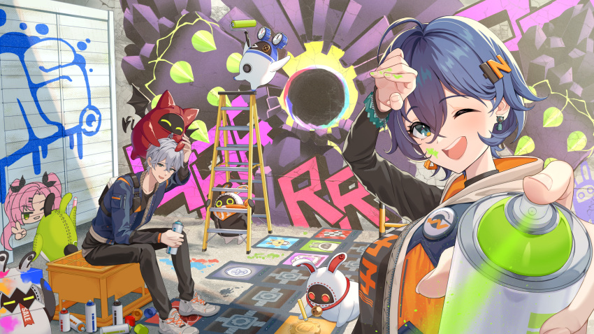 1boy, 1girl, ahoge, amillion_(zenless_zone_zero), bangboo_(zenless_zone_zero), belle_(zenless_zone_zero), black_pants, black_shirt