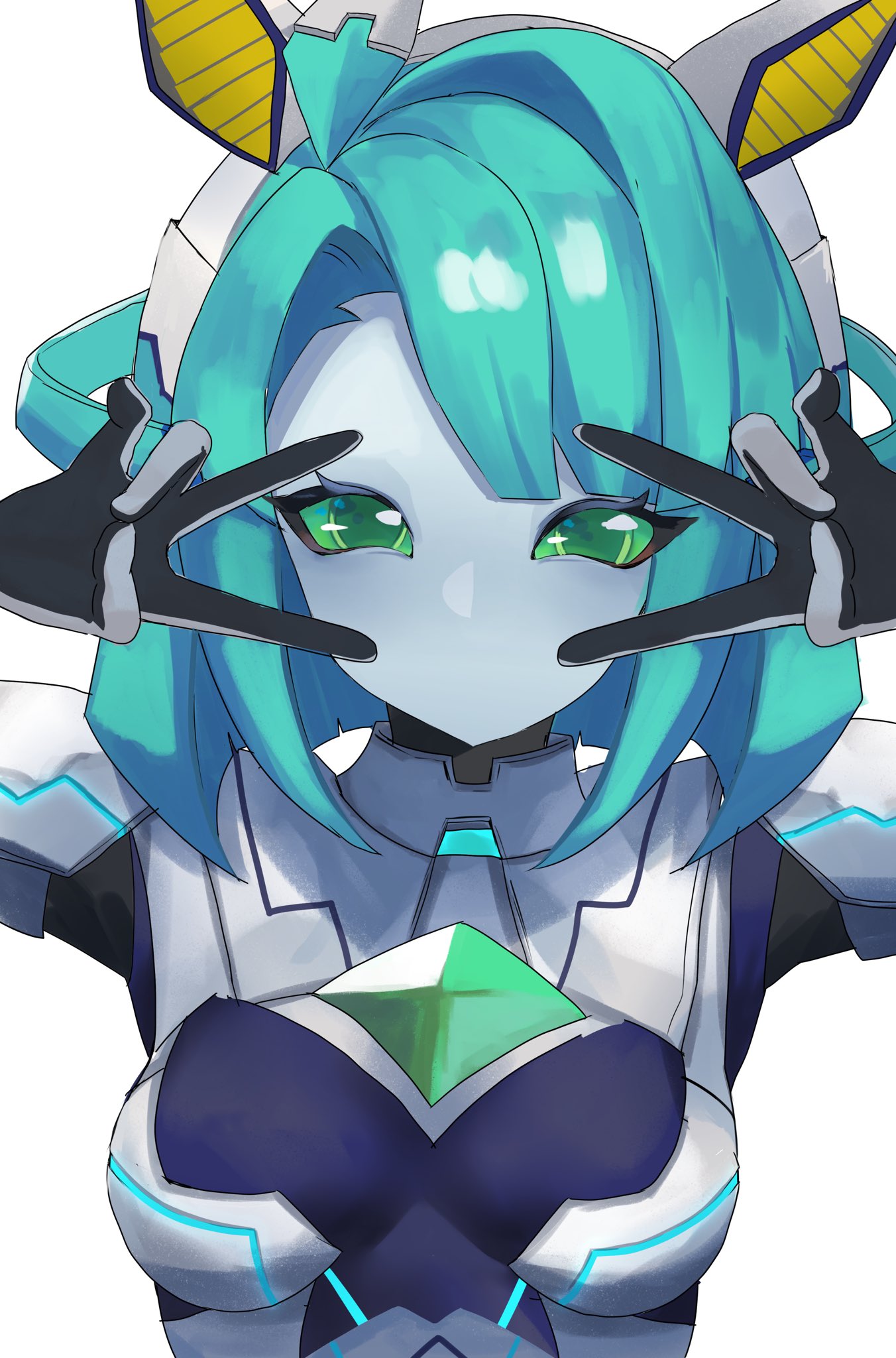 1girl, animal_ears, breasts, double_v, green_eyes, grey_hair, highres, horse_ears