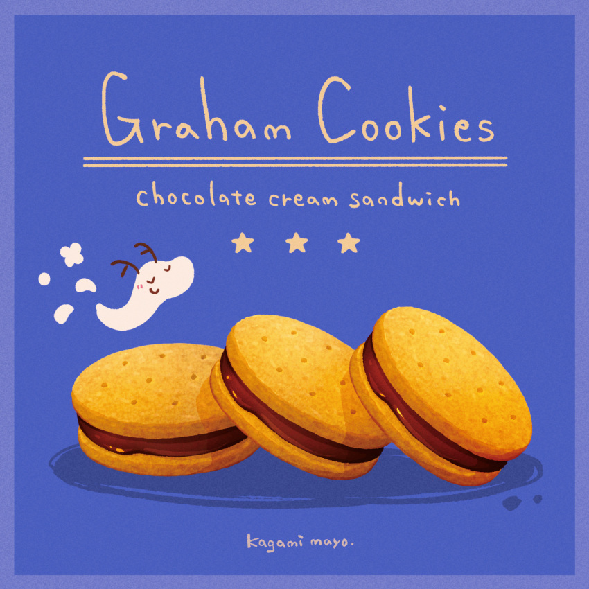 artist_name, blue_background, chocolate, cookie, food, food_focus, food_name, graham_cracker, highres, kagami_mayo, no_humans, original