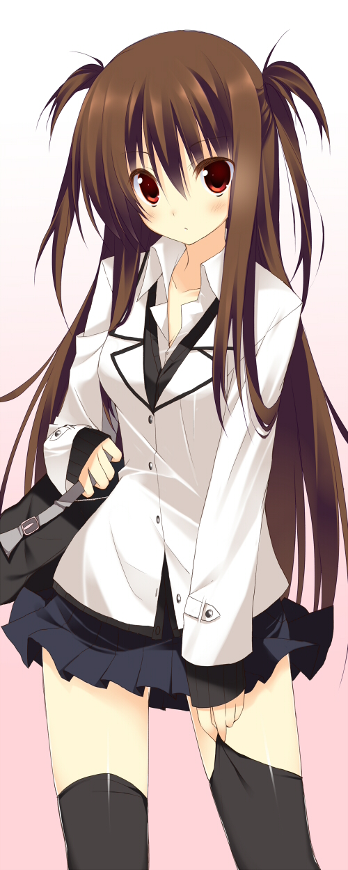 bag, black_legwear, black_thighhighs, blush, brown_hair, highres, kuwajima_reon, kuwashima_rein, long_hair, original, pleated_skirt, red_eyes, school_uniform, short_twintails, skirt, sleeves_past_wrists, solo, standing, thigh-highs, thighhighs, tororo_inniina, twintails, zettai_ryouiki